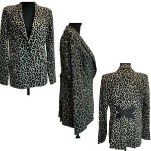 Cabi gray leopard cheetah animal print single breasted blazer stretchy Sz 4 NWOT